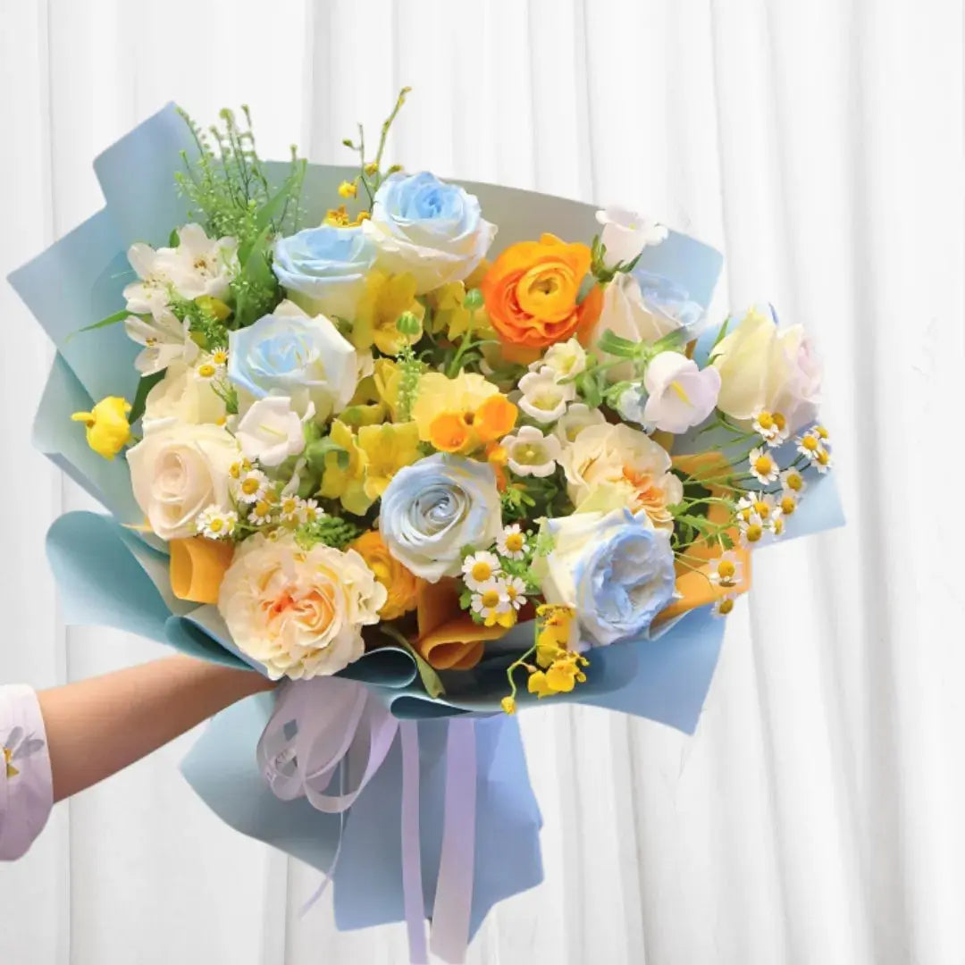 Golden Harmony Blue Rose & Yellow Orchid Bouquet 999Flowers