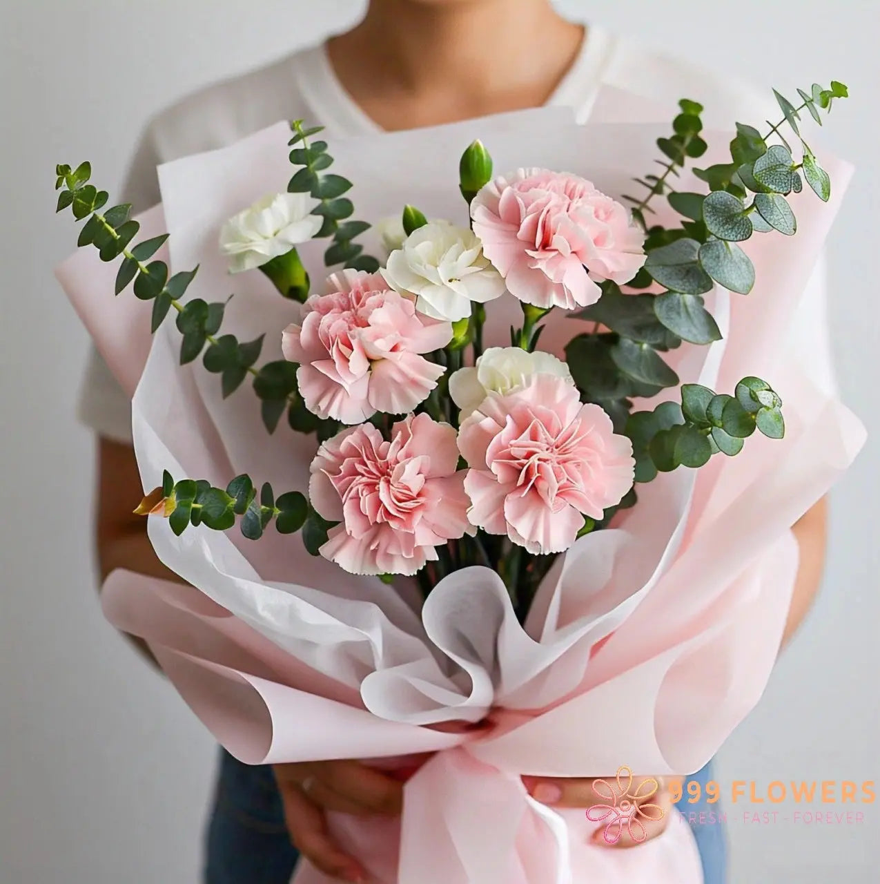 Blissful Whisper Bloom bouquet delivery Hong Kong: Pink carnations and white eustoma with eucalyptus and green fillers