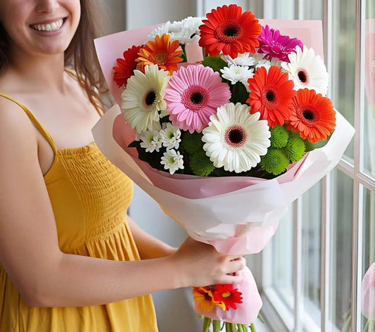 Vibrant "Celestial Serenade" bouquet featuring orange, pink, and white gerberas with seasonal fillers, delivered in Hong Kong.