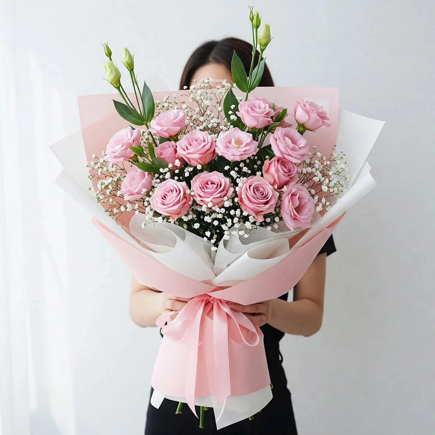 Pink Eustoma, Pink Roses and Baby Breath and Seasonal Fillers