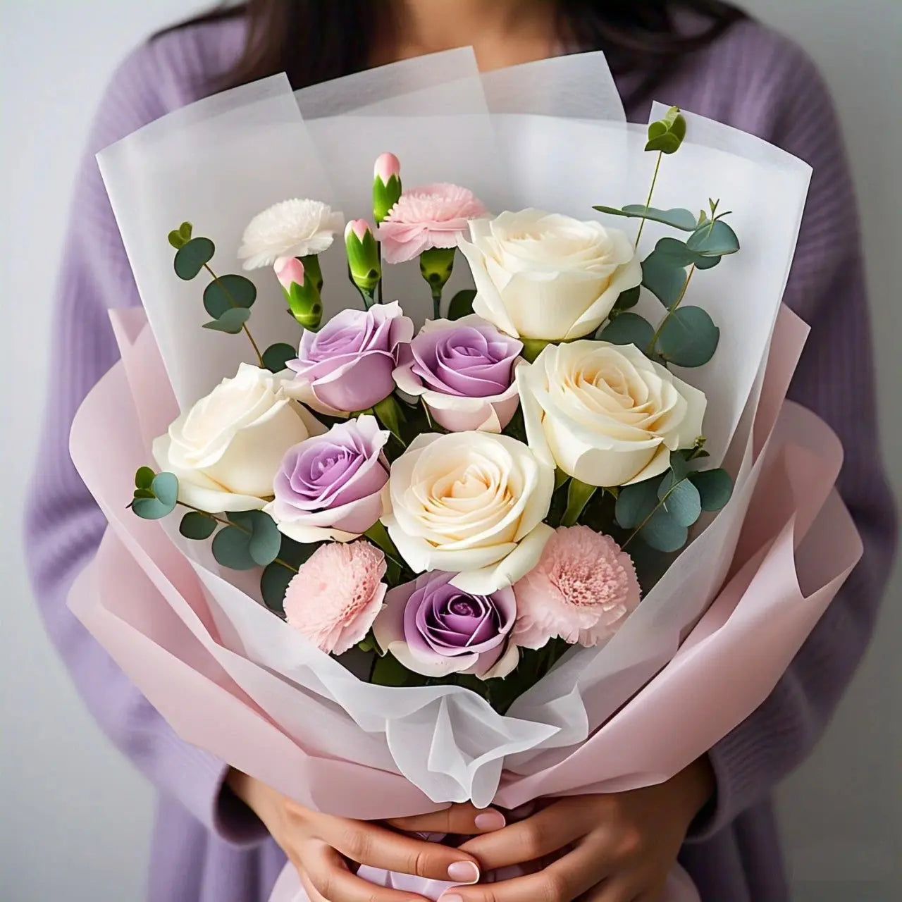 Elegant bouquet of white and purple roses, white and light pink carnations, and eucalyptus leaves, a perfect floral gift delivery in Hong Kong