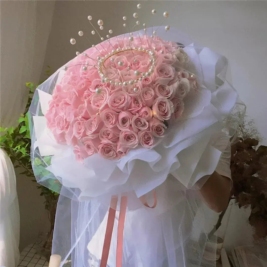 Pearl Elegance Light Pink Rose Bouquet with Pearl Crown 999Flowers