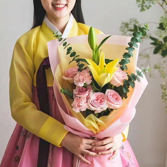 Serene Embrace Bouquet: Fresh pink roses, carnations, and lilies delivered in Hong Kong.