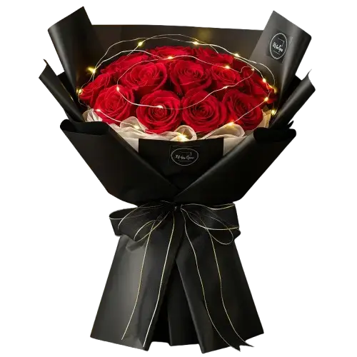 Bouquet of red roses decorated with lights