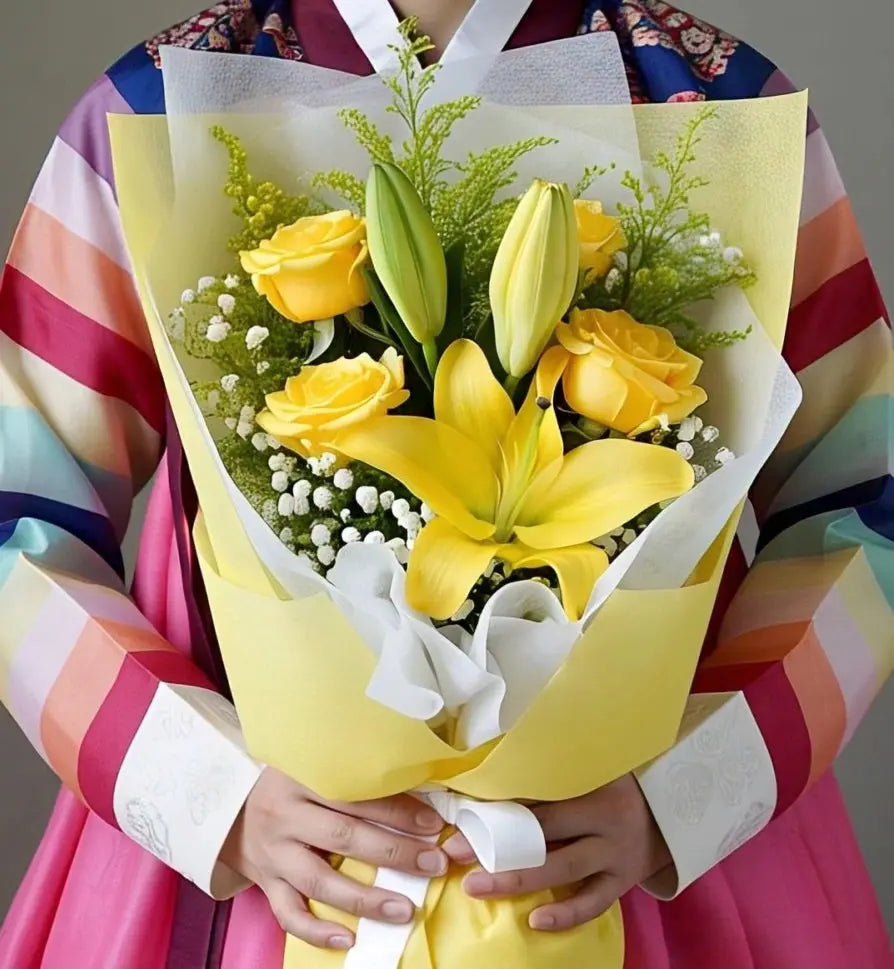 Cheerful bouquet featuring one lily and five yellow roses, available for flower delivery in Hong Kong