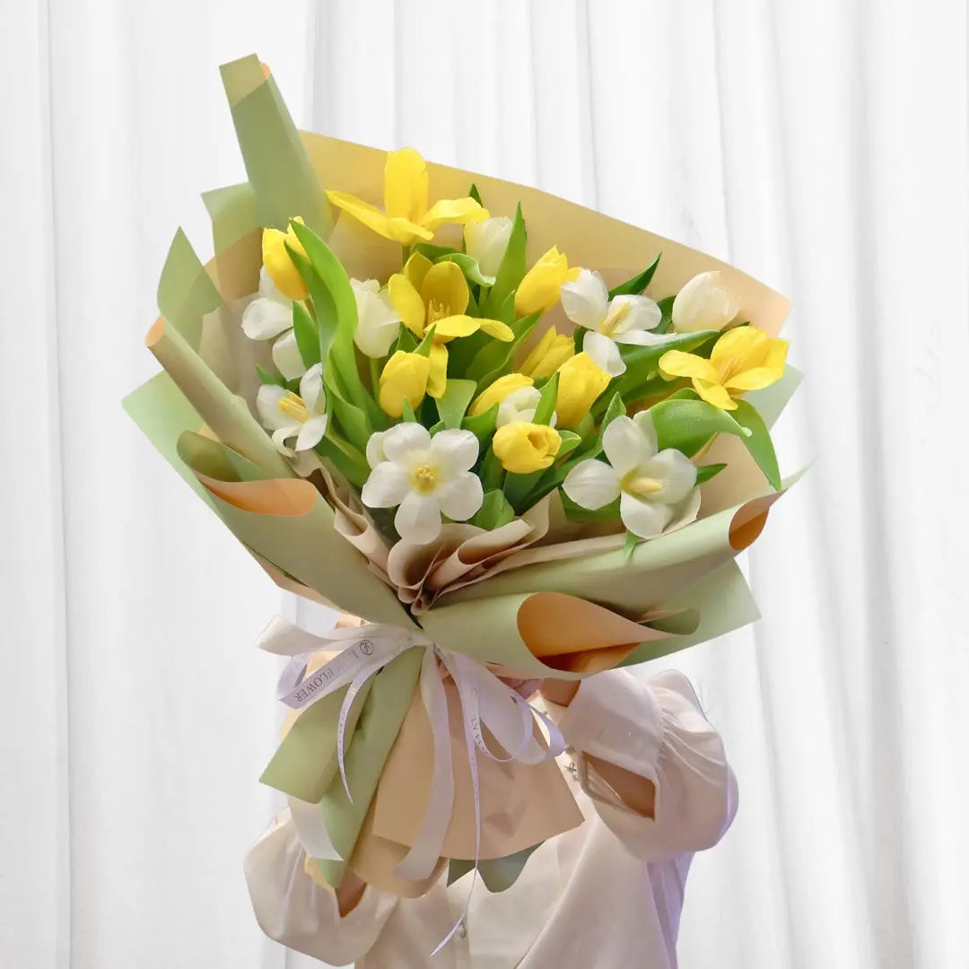 Golden Spring Symphony - Yellow Tulips, White Narcissus, Green Filler Greens Bouquet